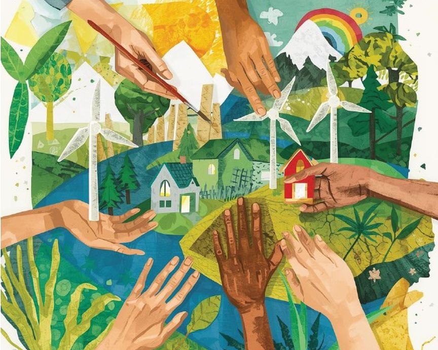 Viele Hände bearbeiten eine bunte Leinwand mit Motiven wie Windrädern oder Regenbogen