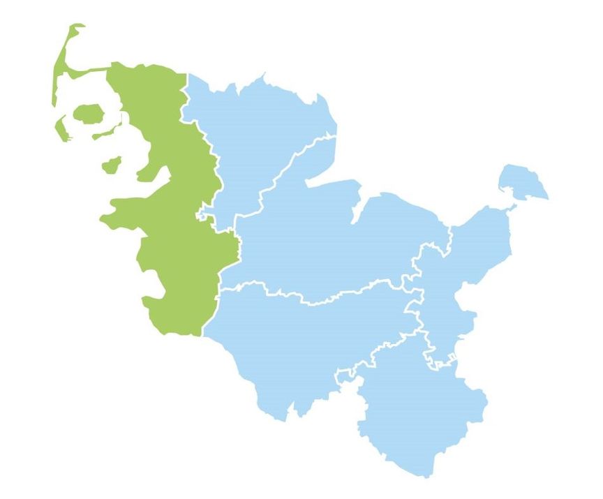 Schleswig-Holstein-Karte, die Region Westküste mit den Kreisen Dithmarschen und Nordfriesland sind hervorgehoben