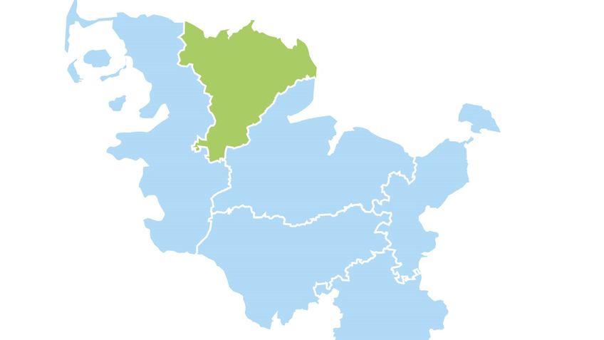 Schleswig-Holstein-Karte, die Region Nord mit den Kreisen Schleswig-Flensburg und Flensburg sind hervorgehoben