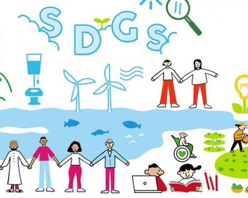 Illustration Personen aktiv in der Natur und SDGs