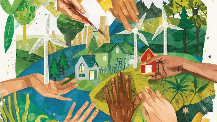 Viele Hände bearbeiten eine bunte Leinwand mit Motiven wie Windrädern oder Regenbogen