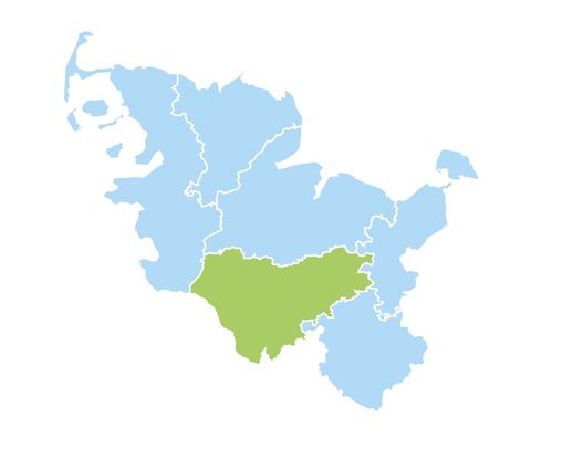 Schleswig-Holstein-Karte, Region Südwest mit den Kreisen Pinneberg, Steinburg und Segeberg hervorgehoben