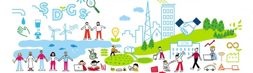 Illustration Personen aktiv in der Natur und SDGs