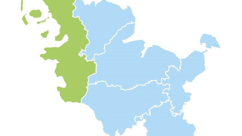 Schleswig-Holstein-Karte, die Region Westküste mit den Kreisen Dithmarschen und Nordfriesland sind hervorgehoben