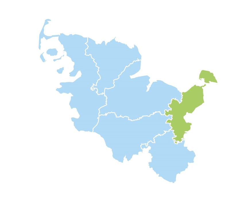 Schleswig-Holstein-Karte, die Region Ost mit den Kreisen Ostholstein und Lübeck sind hervorgehoben