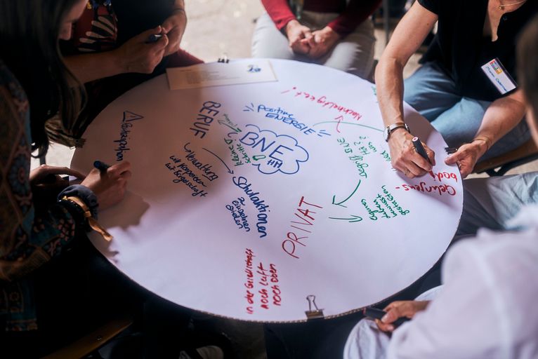 Drei Menschen schreiben auf einer runden Unterlage