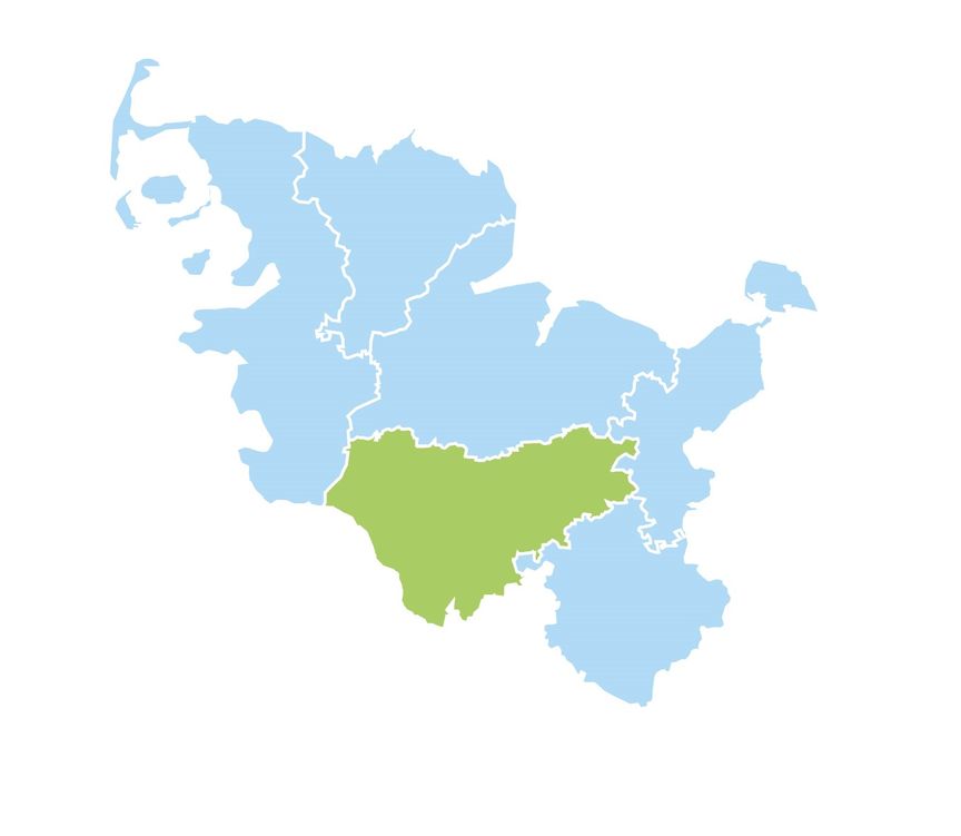 Schleswig-Holstein-Karte, Region Südwest mit den Kreisen Pinneberg, Steinburg und Segeberg hervorgehoben