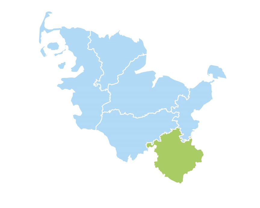 Schleswig-Holstein-Karte, die Region Südost mit den Kreisen Stormarn und Herzogtum Lauenburg sind hervorgehoben