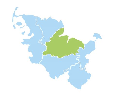 Schleswig-Holstein-Karte, die Region Mitte der Kreise Rendsburg-Eckernförde, Kiel, Neumünster und Plön hervorgehoben