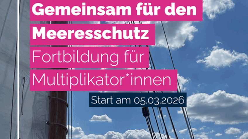 Poster mit Blick vom Segelschiff, beschriftet mit Förde VHS, Gemeinsam für den Meeresschutz, Fortbildung für Multiplikator*innen, Start am 05.03.2026