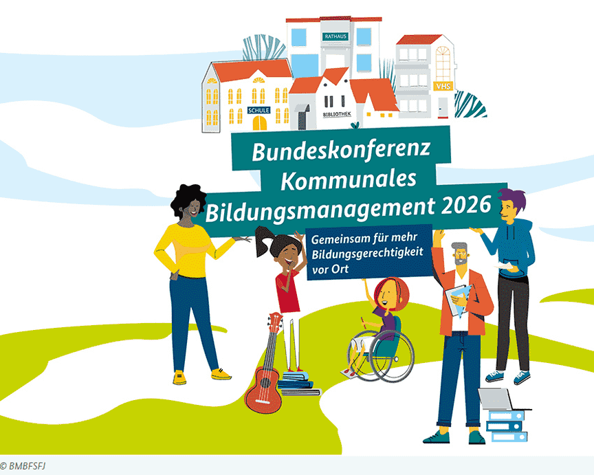 Abbildung einer diversen Personengruppe vor verschiedenen Bildungseinrichtungen