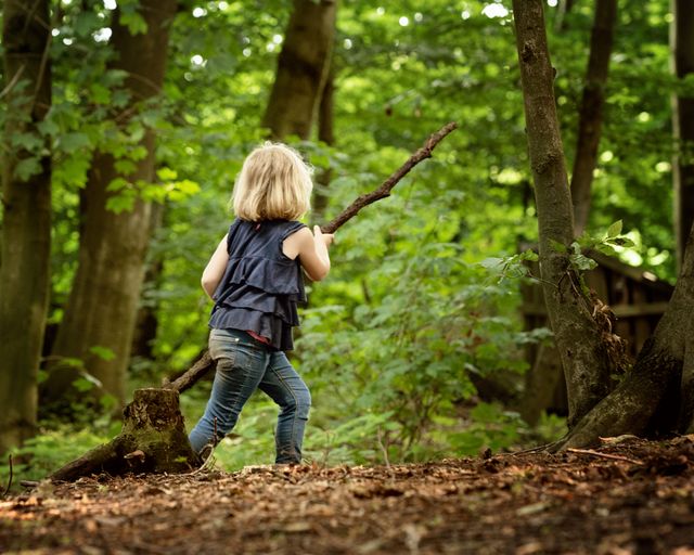 Kind, einen Zweig haltend, im Wald