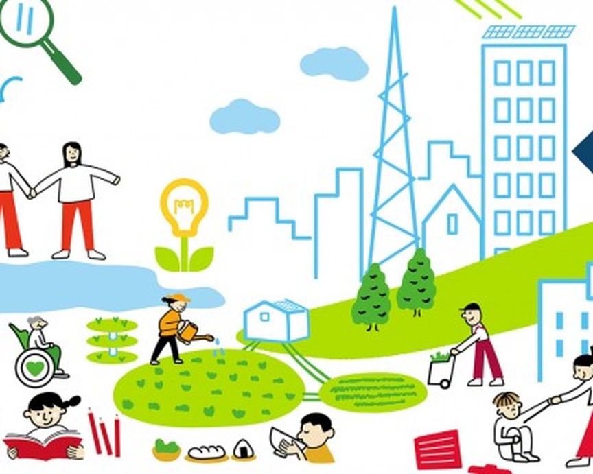 Illustration Personen aktiv in der Natur und SDGs