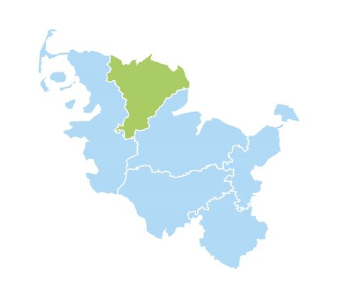 Schleswig-Holstein-Karte, die Region Nord mit den Kreisen Schleswig-Flensburg und Flensburg sind hervorgehoben