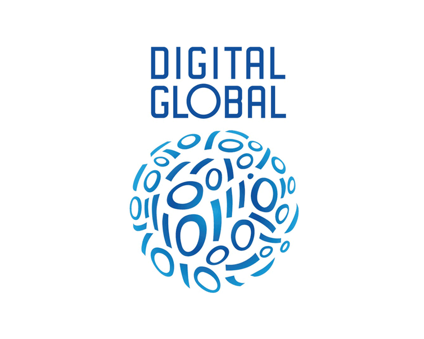 Text DIGITAL GLOBAL aus Nullen und Einsen geformter Globus