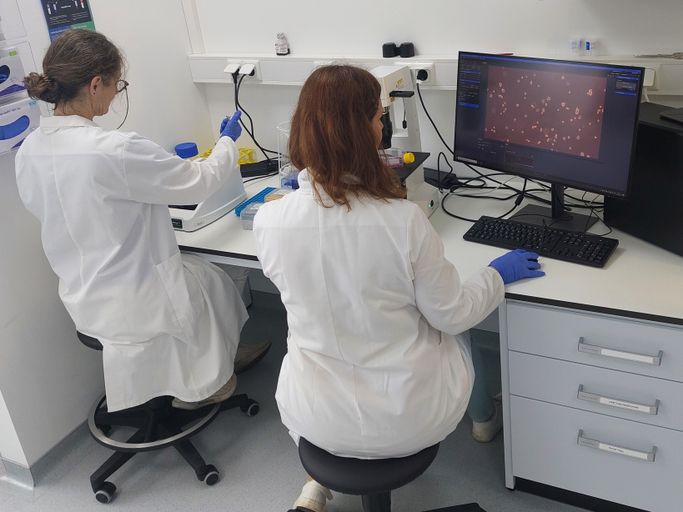 Zwei Wissenschaftlerinnen an einem Arbeitsplatz bei der Zellanalyse 