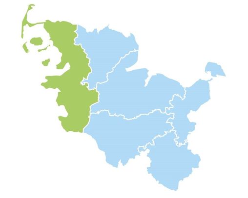 Schleswig-Holstein-Karte, die Region Westküste mit den Kreisen Dithmarschen und Nordfriesland sind hervorgehoben