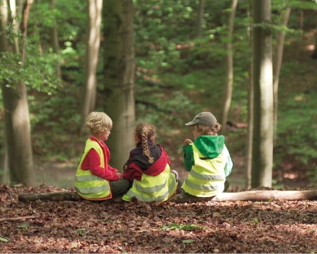 Drei Kinder sitzen im Wald