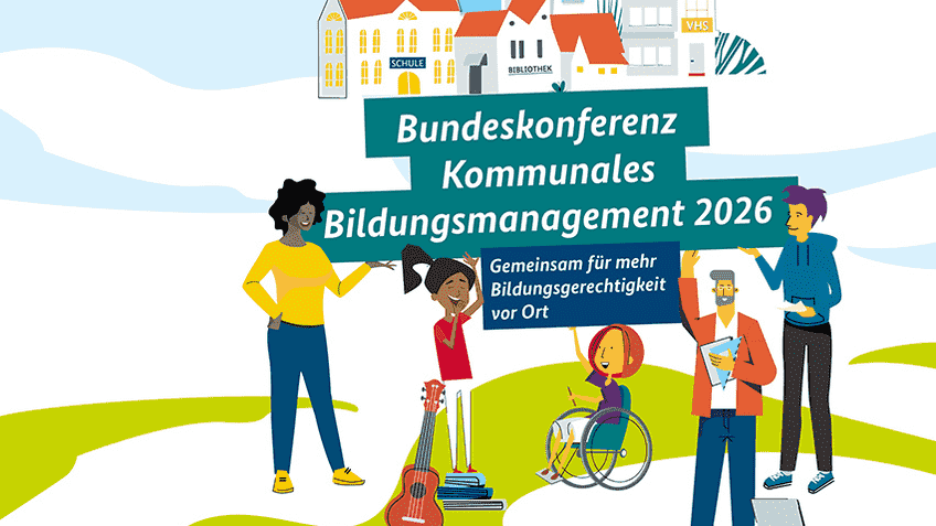 Abbildung einer diversen Personengruppe vor verschiedenen Bildungseinrichtungen